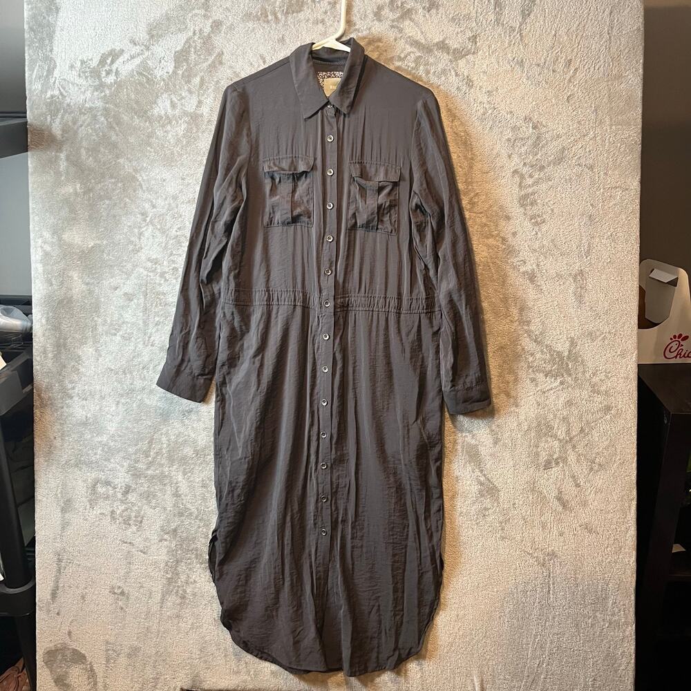 Maeve Anthropologie 8 Gray Jemima Drawstring Roll-Tab‎ Sleeve Midi Shirt Dress 6